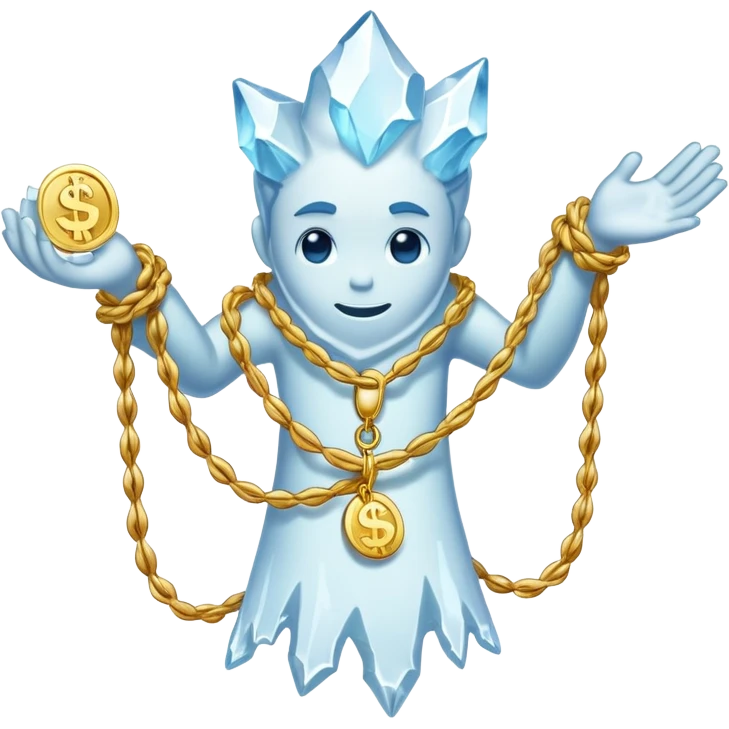 Snow elemental shaped more like a human—think tall, jointed limbs, maybe even facial expressions made of ice or snow flaunting money wearing gold rope chain emoji