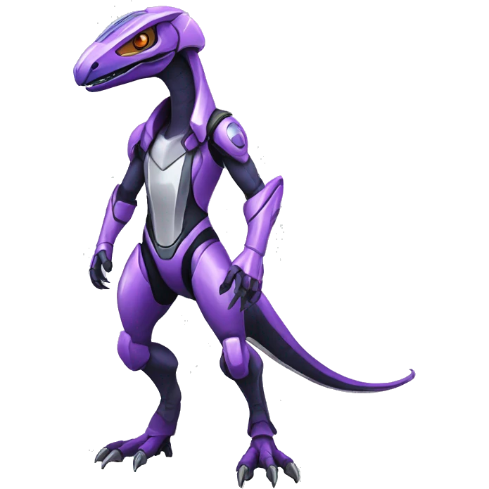 Shiny Velociraptor-Genesect-Fakémon-Pokémon wearing a with a futuristic cyber-helmet And suit Full Body emoji