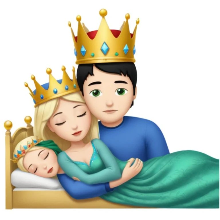 Blonde Queen with crown, Green eyes, naked, kissing man, naked, no crown, black hair, blue eyes, whole Body, Background sleeping room  emoji