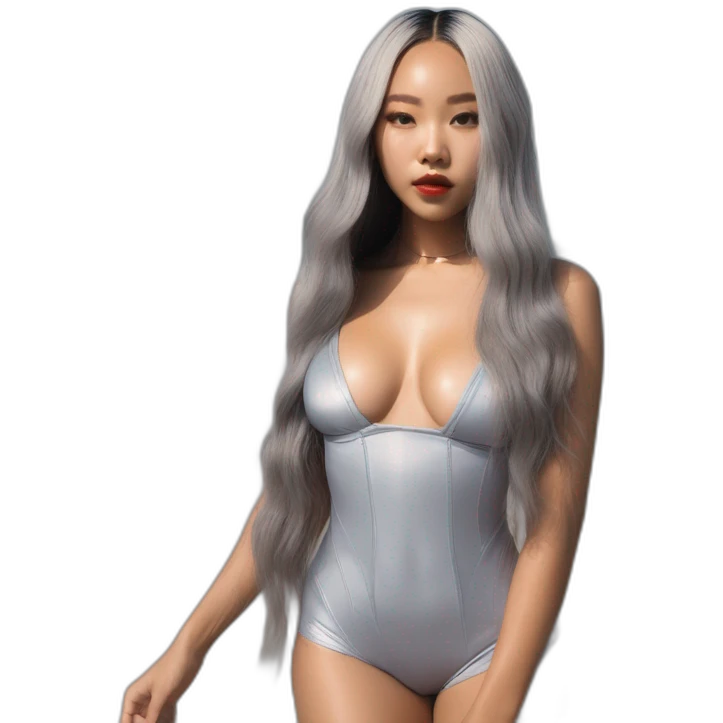 all the body, body standing head to toe, blasian girl, kpop idol, angelic beauty, korean american, black girl, beach suit, grey dyed hair, grey shiny, very long hair, make-up on fleek, baddie emoji