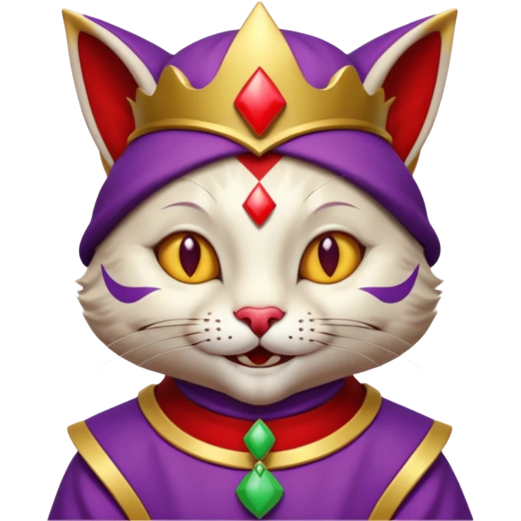 crazy colorful cute little cat jolly joker from poker, medieval, vintage, court jester, mac os icon, purple, gold and red color, half body. Squared shape as 3D mac os icon emoji