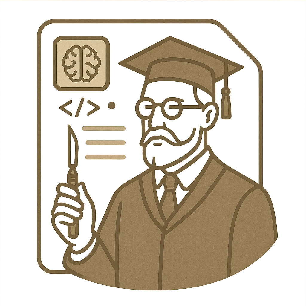 minimal elegant icon of a scholarly professor in classic academia style, dignified and not teaching, with a scalpel, set against a document background blending vintage academic motifs and subtle AI interface elements, refined cultured color scheme, technical and precise emoji