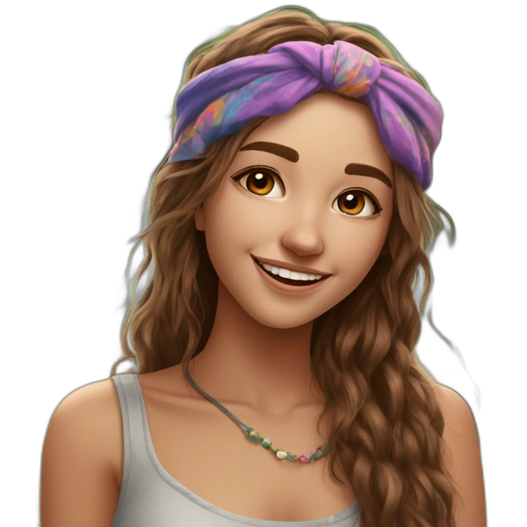 1girl, (hippie), brown hair,music festival, messy, ((high saturation)), ((best quality)), ((masterpiece)), ((realistic)), (detailed) chill, smile, polish girl, headband, looking to the side, emoji