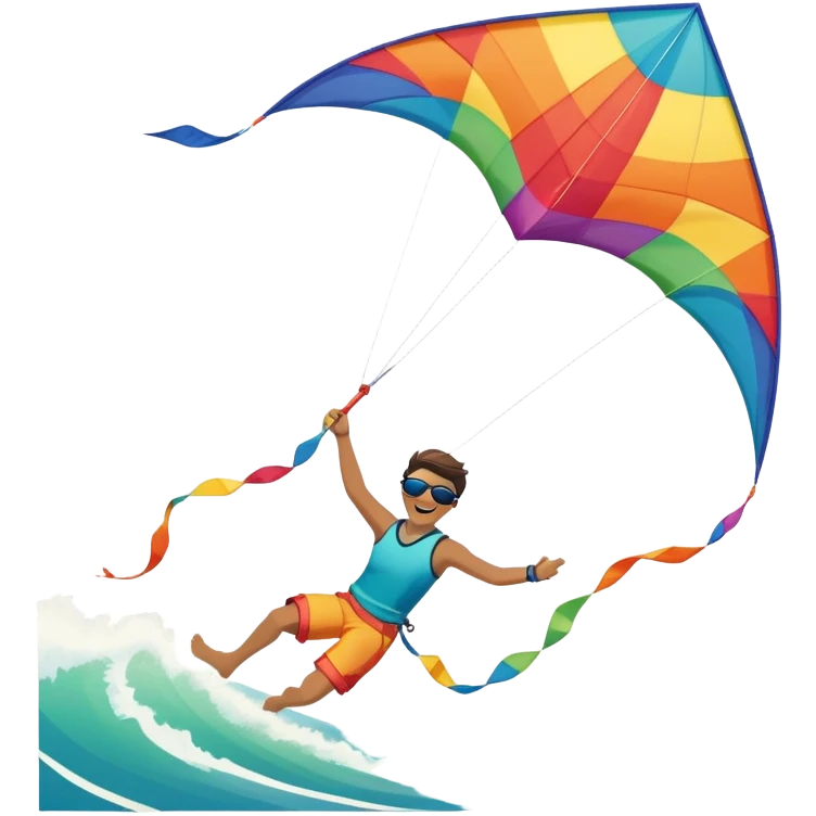 A person soaring through the sky while holding onto a colorful kite on a windy beach. The kite is catching the wind, and the backdrop features waves crashing on the shore, capturing the excitement and freedom of kitesurfing. emoji