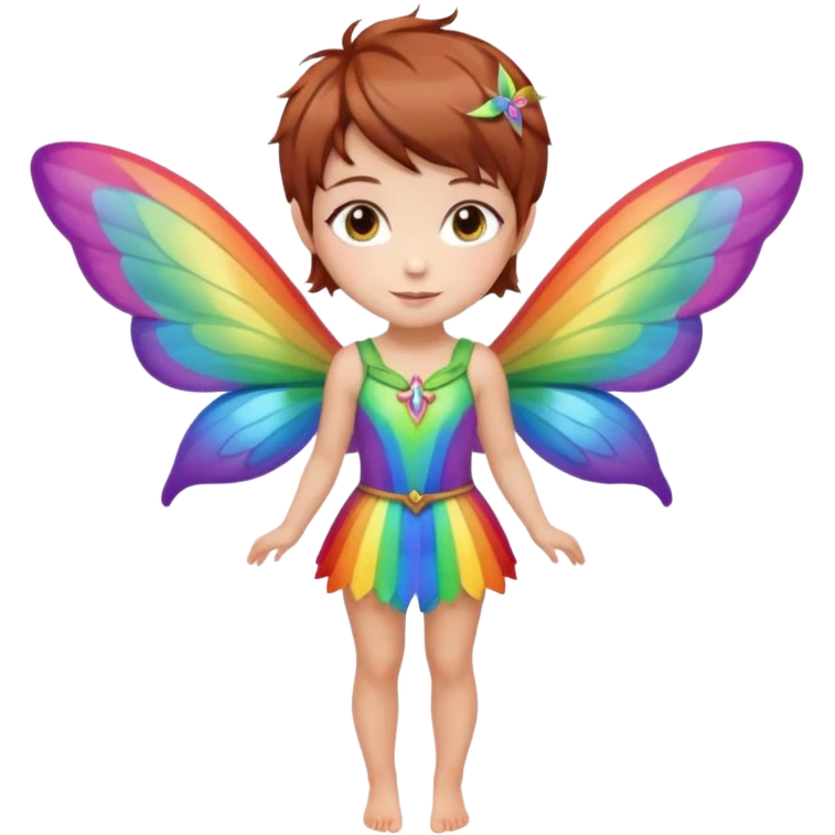 fairy with brown eyes pixie haircut chestnut color with rainbow wings full length emoji
