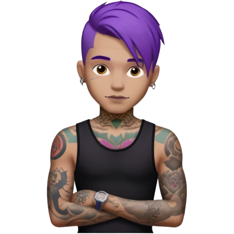 men with tatoos and hightlight that tatoos with purple hair and black dress and close look emoji