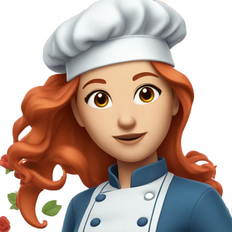 Attractive long red hair girl chef, with blue clothes on all blue.. and roses on her clothes with beautiful brown eyes not round  emoji