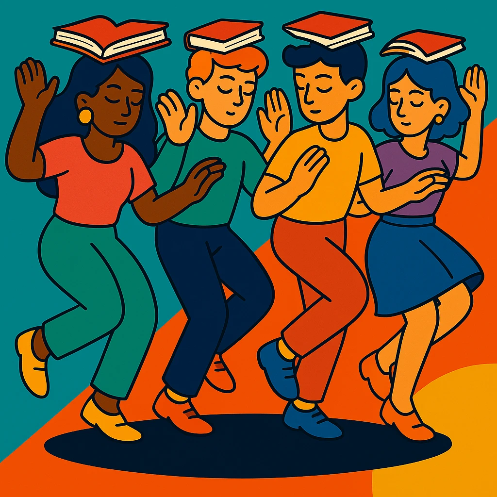 Group dance with several people balancing books while dancing, mid-step, focused on reading, colorful and whimsical, vibrant and playful style emoji