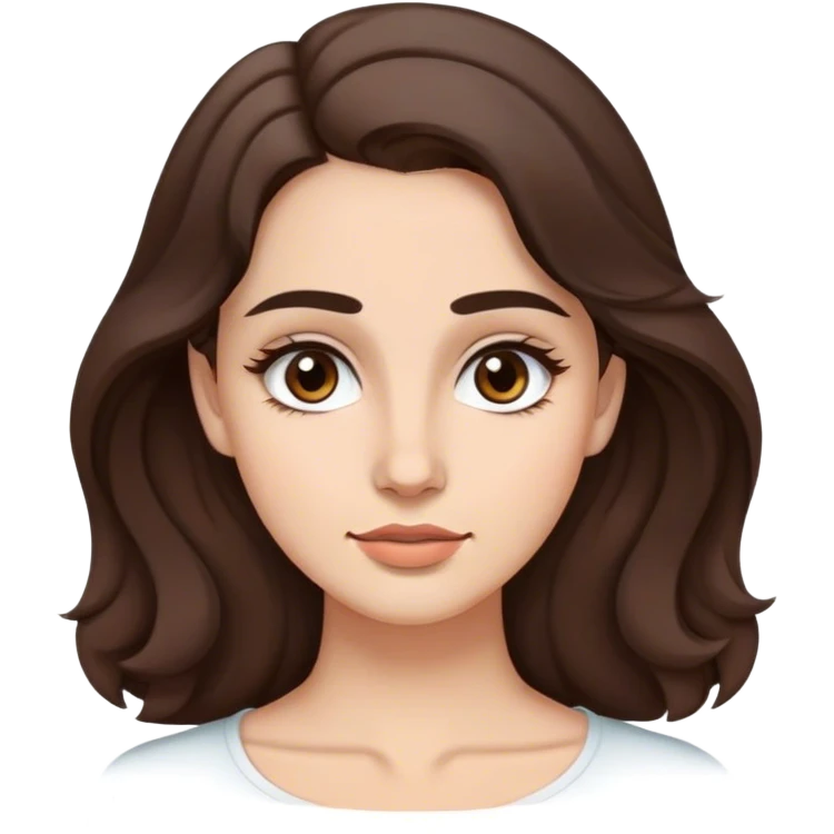 Mujer joven con rostro ovalada, mandíbula suave y frente ligeramente ancha, ojos mediano,ojos café oscuro, cejas arqueadas y cabello castaño, largo y ondulado de piel trigueña y pestañas largas emoji