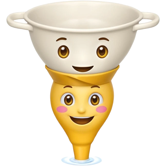 Crazy laughing emoji on upside-down kitchen funnel on its head (not a hat), wide smile, big eyes, cartoon emoji style, bright colors. emoji