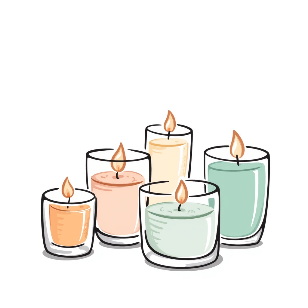 candles in glass holders, some lit with gentle flames, pastel colors dd9fb0 ffc6d3 a3bfc9 c4bee2 f1b091, detailed hand-drawn doodle style emoji