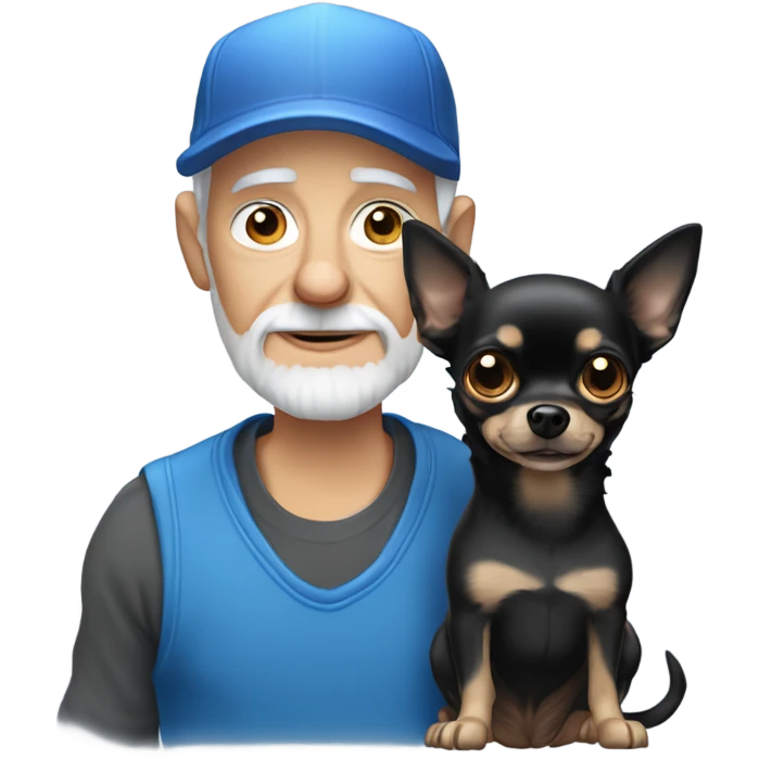 Old man with blue eyes and gray goatee in ball cap holding black long haired chihuahua  emoji