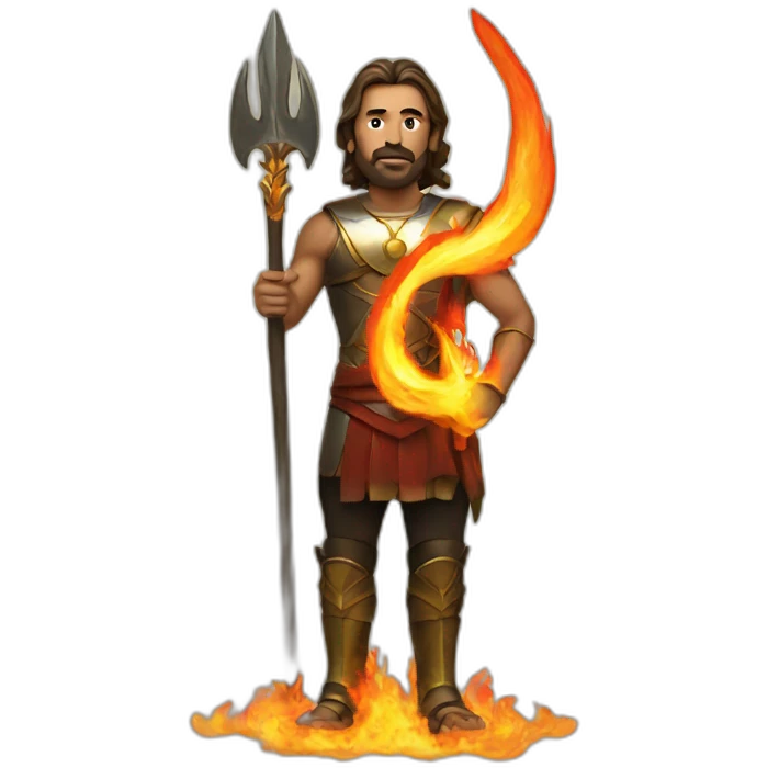 Man standing with a trident surrounded by fire emoji