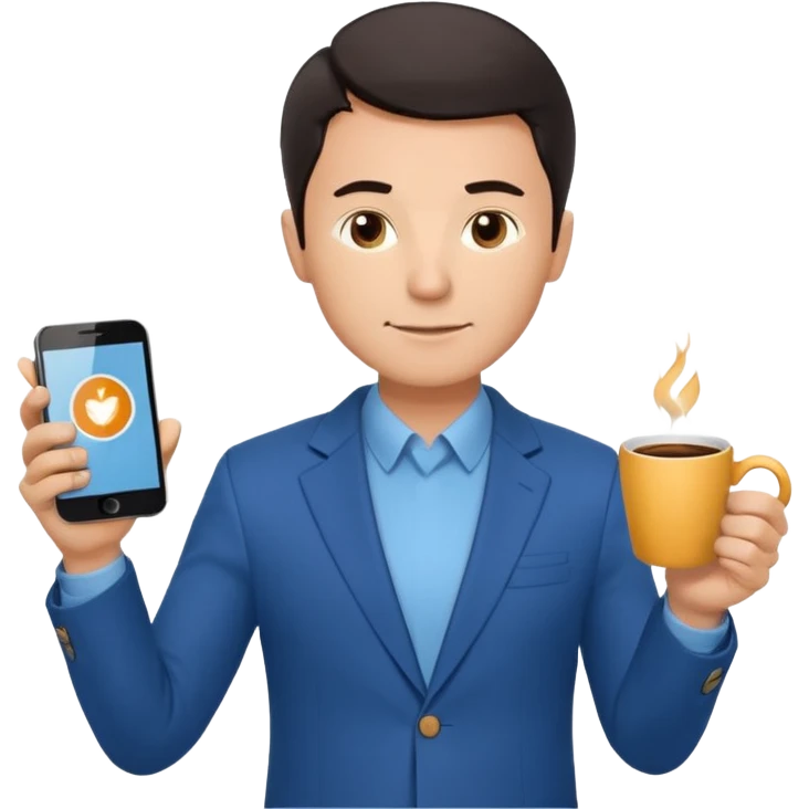 Confident male entrepreneur, short dark hair, slight smile, blue blazer over light blue shirt, holding a smartphone with a chart in one hand and a coffee cup in the other, front-facing, half-body emoji