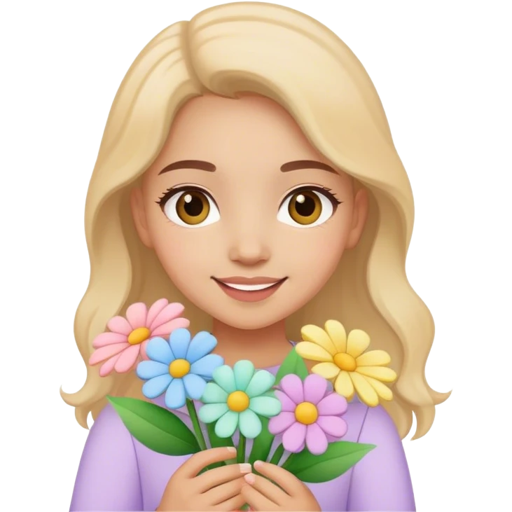 Light skinned girl happy to hold pastel color flowers emoji