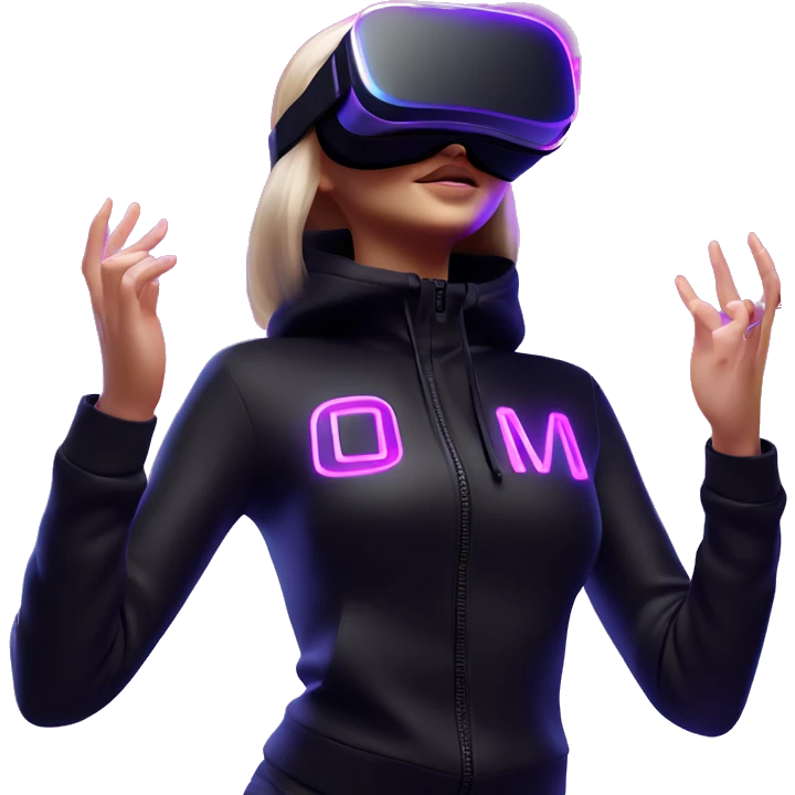 Russian girl wearing black hoody with violet letters "OMG", in vr headset oculus quest2. Dancing. Cyberpunk style. Violet neon. emoji