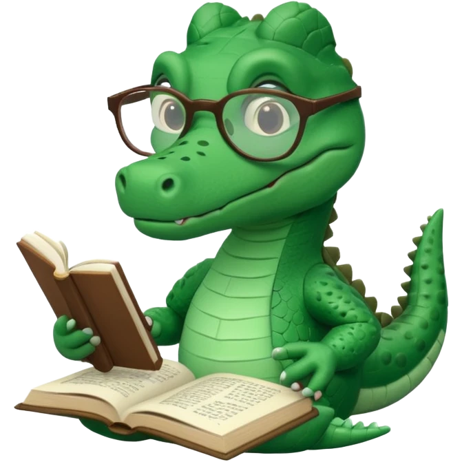 A claymation alligator with a book and glasses. The background is a solid white circle emoji