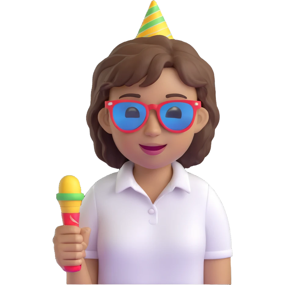 3D emoji style character with short tousled brown hair, light skin, white shirt, festive party vibe, sunglasses, party horn, cheerful expression, fiestero emoji emoji