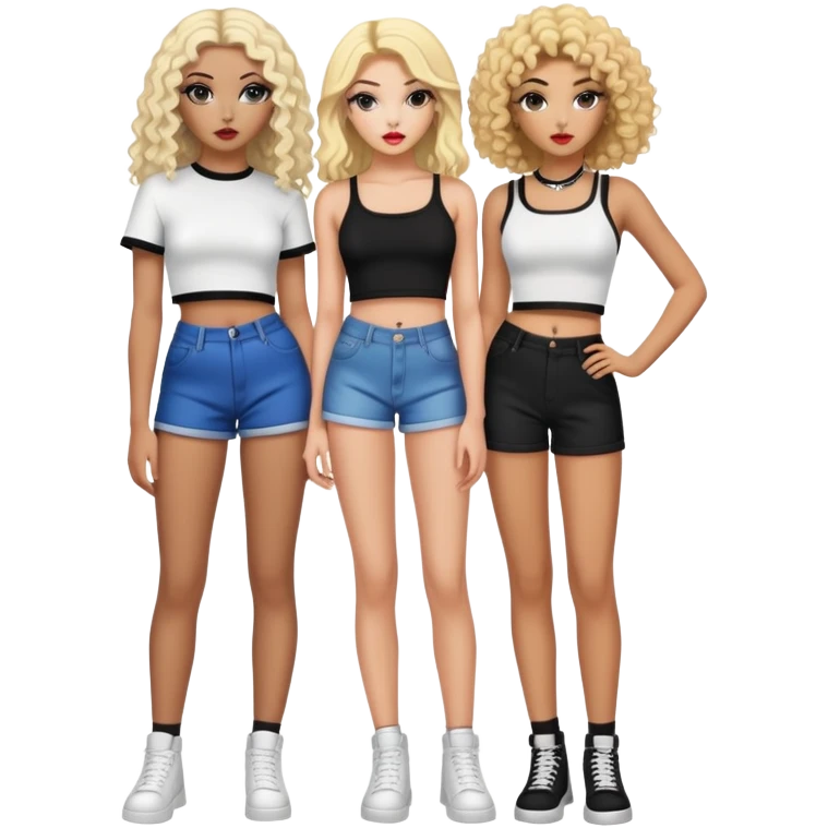 Full body of two teenage girls standing together, one white with straight blonde hair and one brown-skinned with curly black hair, both with heavy makeup, big lips, crop tops and choni style clothing emoji