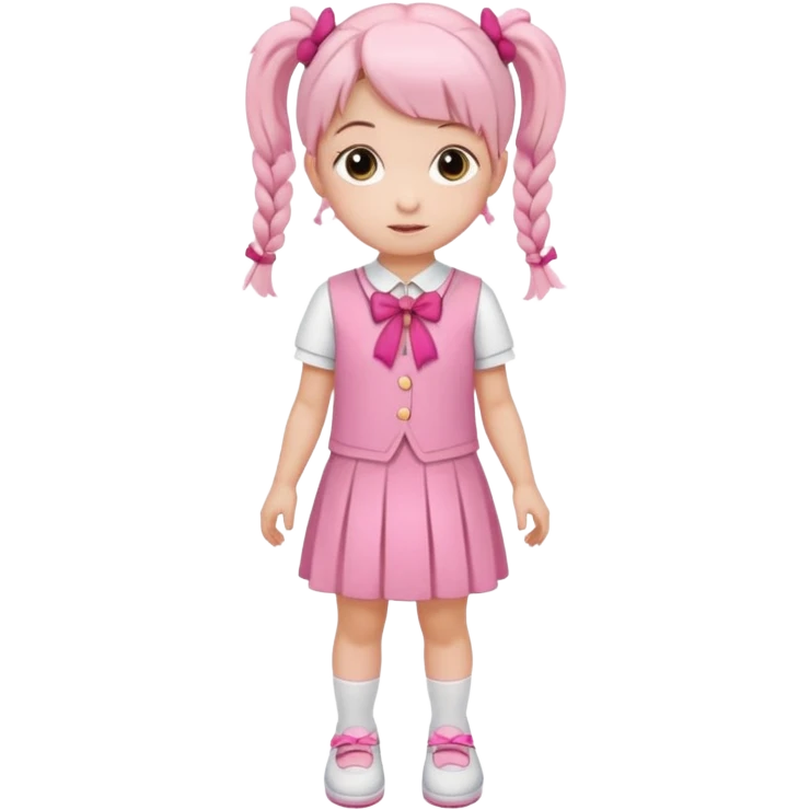 small girl wearing pink student uniform, white dress, white shoes and a bow on her pigtail hair emoji