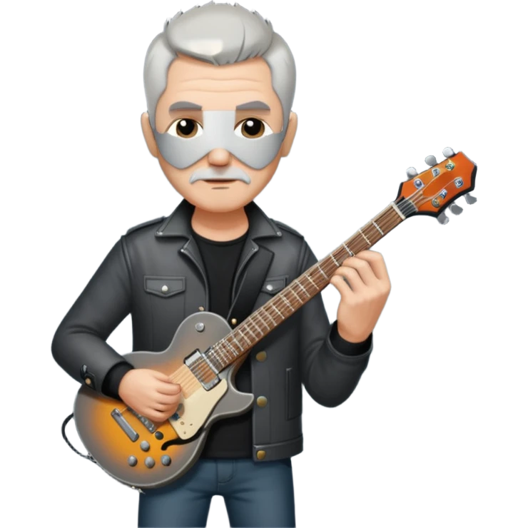 a short grey hair with no beard, middle age metal head with a classic epiphone eletric guitar emoji