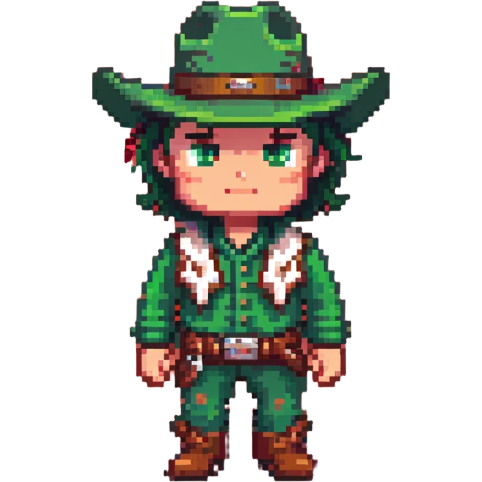 Cowboy character with green outfit and hat, western style emoji