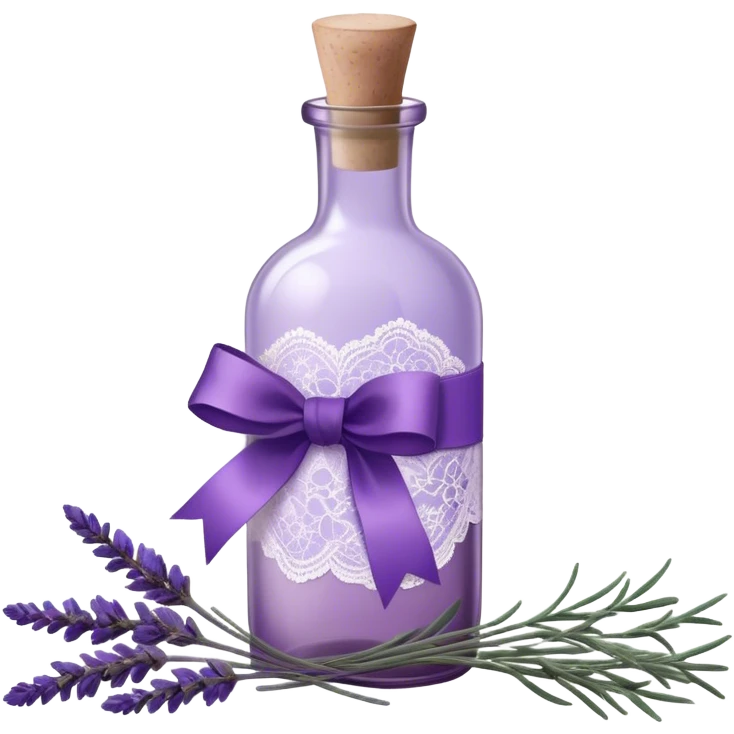 A vintage glass bottle, filled with delicate lavender stems in varying shades of soft lilac and deep aubergine, is adorned with a hand-dyed violet ribbon tied into a gentle bow. The light filters through the dusty glass, casting shadows of lavender sprigs onto the lace-covered surface, as if capturing a fleeting moment of serenity.






 emoji