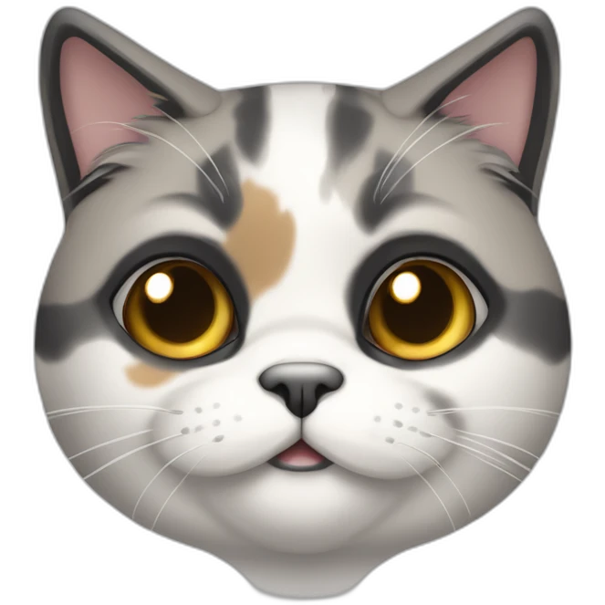 senior chubby diluted calico cat, white chin, black nose, grey ears, grey and white emoji