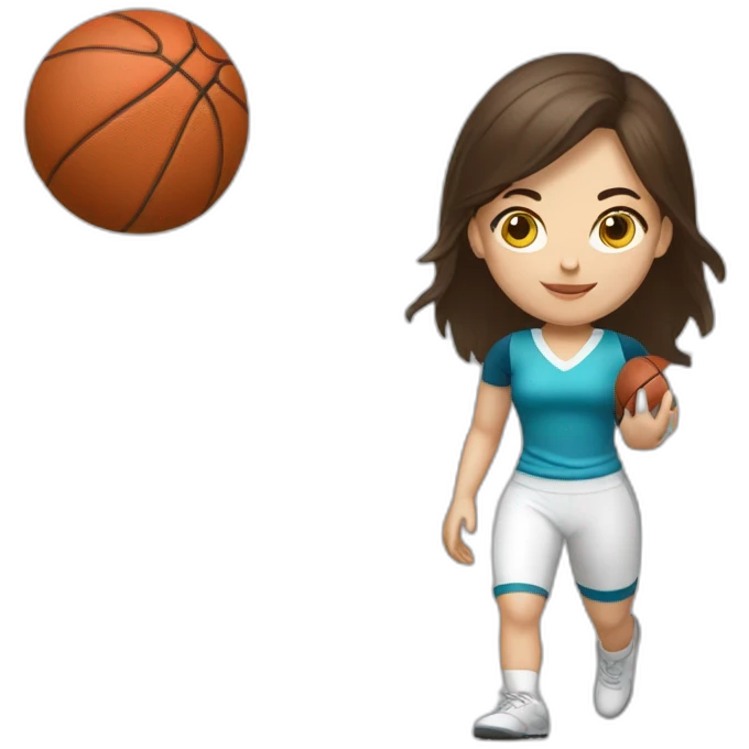 White skin brunette female playing football with very small basket ball emoji