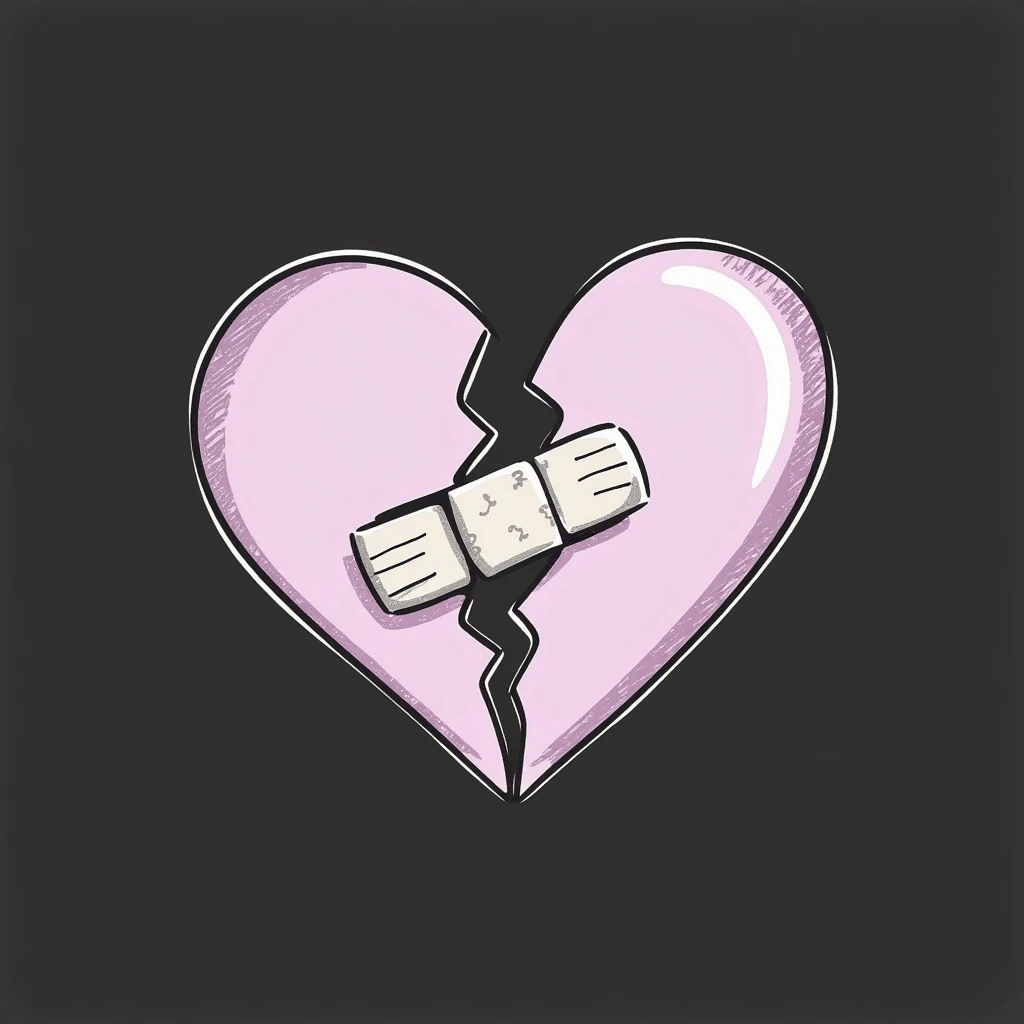 broken heart emoji with jagged split and bandage over the crack, chalk style, soft lilac color palette, rough doodle-like texture as if drawn with pastel chalk on a dark surface, aesthetic and emotional Telegram channel emoji