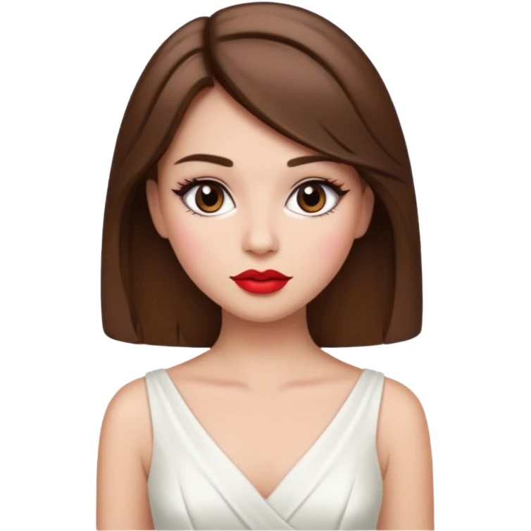 a middle brown hair girl with elegant white dress, wearing makeup emoji