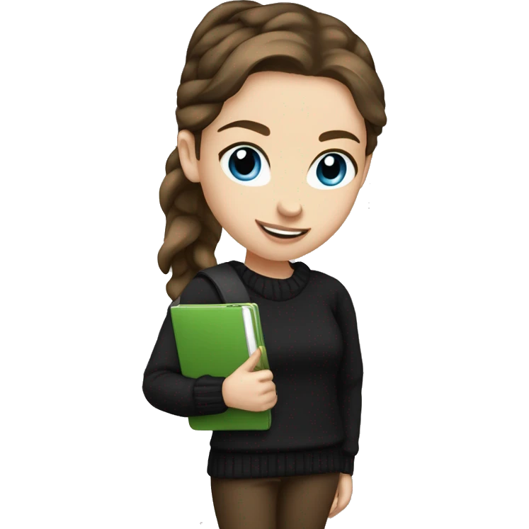 caucasian white girl student, holding laptop, blue eyes, dark brown hair ponytail wearing a thick black sweater emoji