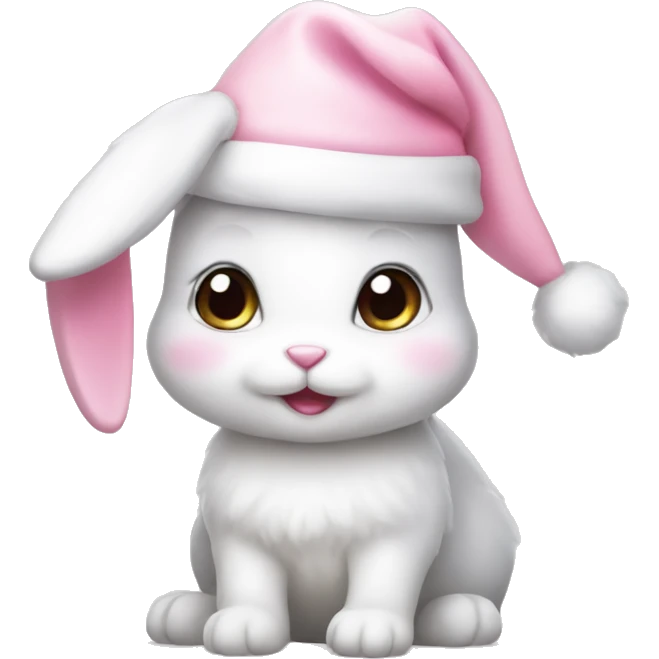 A white little cute bunny wearing a little cute pastel pink Christmas hat emoji