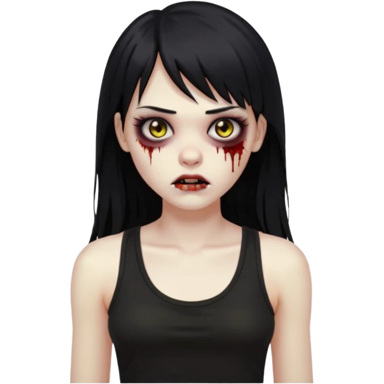 Crie um emoji de zumbi garota do iphone que tenha o cabelo preto longo, de cumprimento no peito, que tenha uma franja no tamanho da sobrancelha, com os olhos escuros e que use uma regata preta emoji