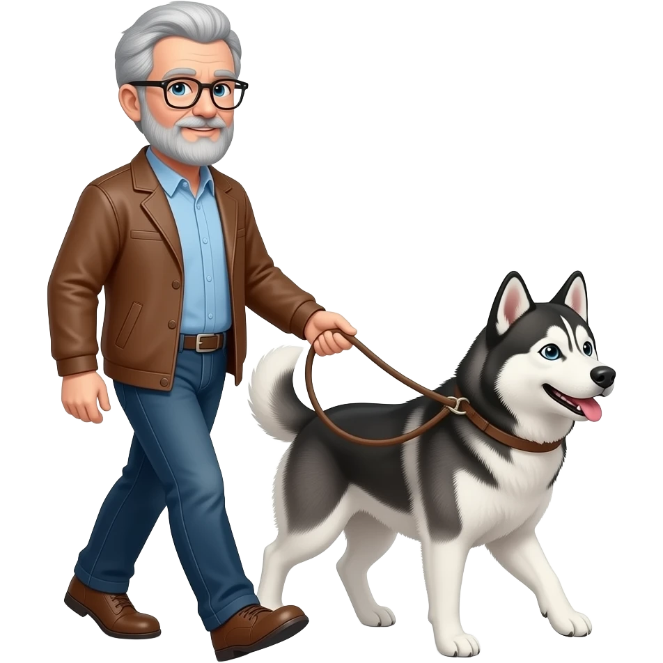 Emoji of an Older  man with  gray hair beard and glasses Man walking shepski dog on a leash emoji emoji
