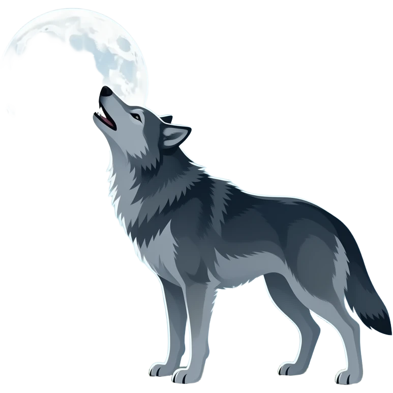 Sisli bir havada Dağların üstündeki ormanda yüksek kayanın üstünde dolunaya karşı uluyan kurt emoji