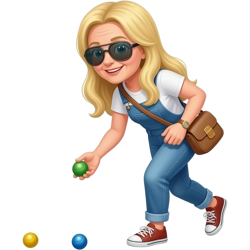 Older Woman dressed casually with long blond hair wearing aviator style sunglassesplaying petanque emoji