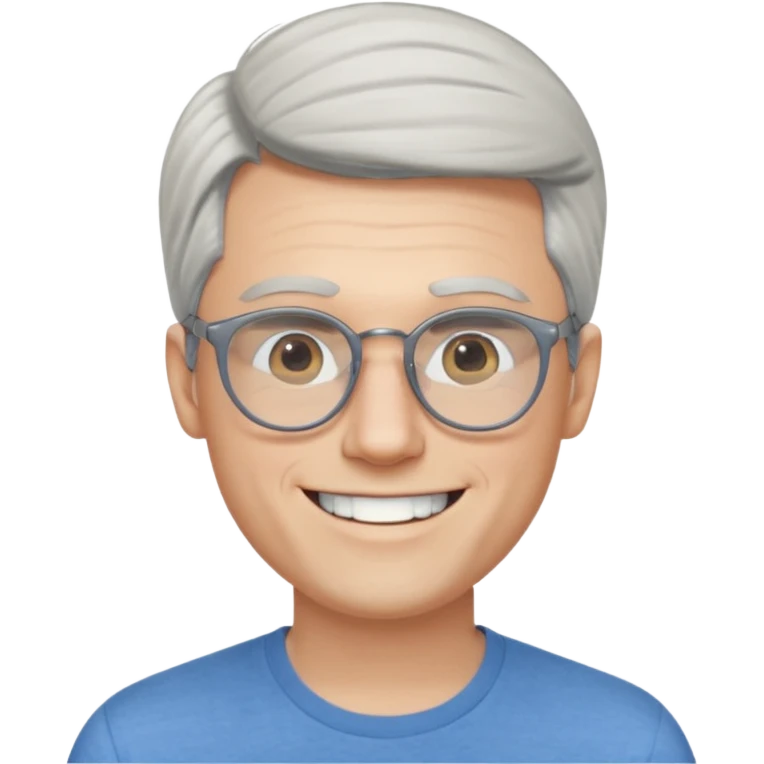 30 yr old pale white man, white/grey side swept stylish hair, round glasses, big smile, white teeth, handsome, longer hair, thin glasses, blue  shirt emoji