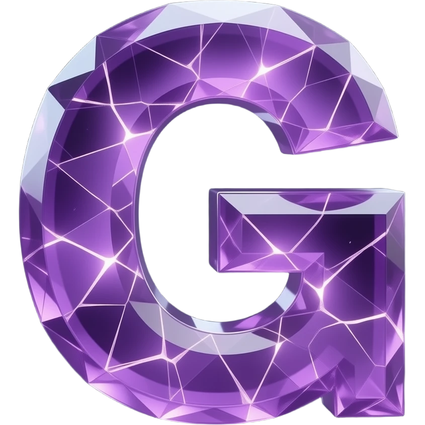 A hyper-realistic 3D letter 'G' carved from translucent purple amethyst, filled with glowing internal fractures. Volumetric lighting, cinematic glow, dark background, 8k resolution, emoji