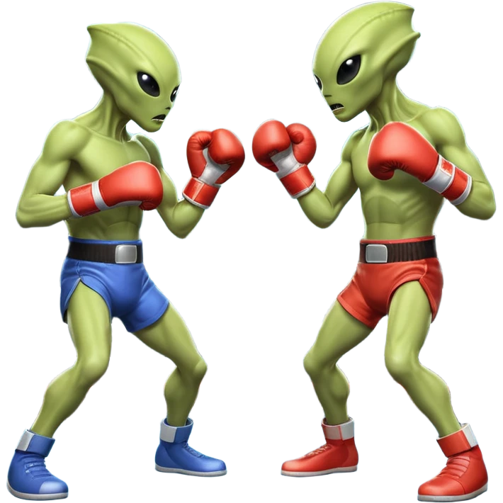 two aliens boxing in a fight stance, facing each other with raised gloves, dynamic action pose, intense expressions, sci-fi arena vibe, 3D cartoon style, mobile game icon style, clean background, no text, no watermark
 emoji