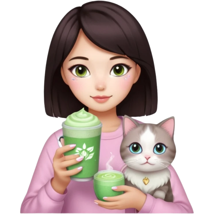 asian girl with short dark brown hair with a soft girl pink glowup aesthetic. matcha latte sparkles girly things, 2 ragdoll cats, skincare, makeup, money, luxury, add makeup and sparkles emoji