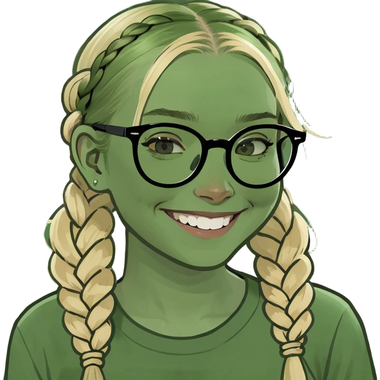 a blonde girl with green glasses and two braids smiling really big emoji