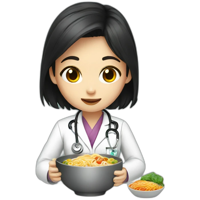 doctor girl with dark hair eating ramen bowl emoji