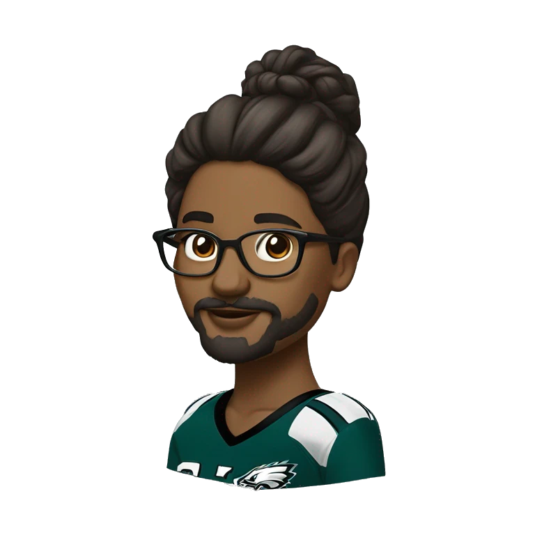 Brown skin couple in Philadelphia Eagles clothing guy has a beard and mustache girl has glasses and her hair in a bun emoji