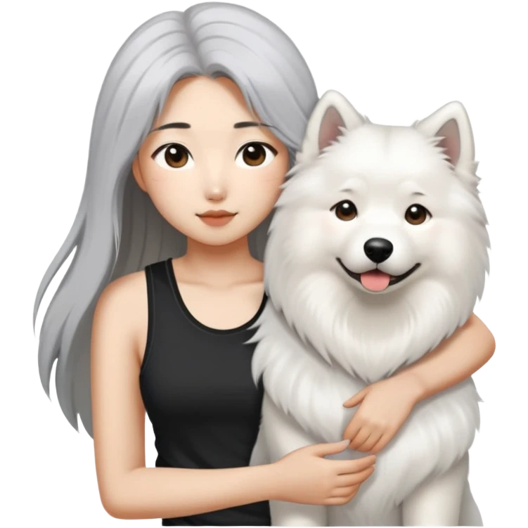  asiatic girl in the black tank top with long gray  hair and a samoyed emoji