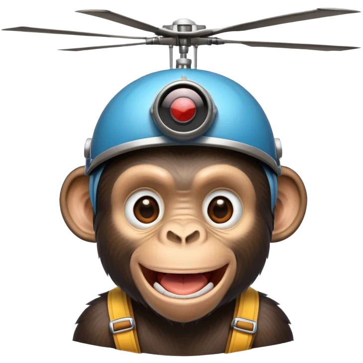 Chimpanzee smiling menacingly while wearing helicopter hat emoji