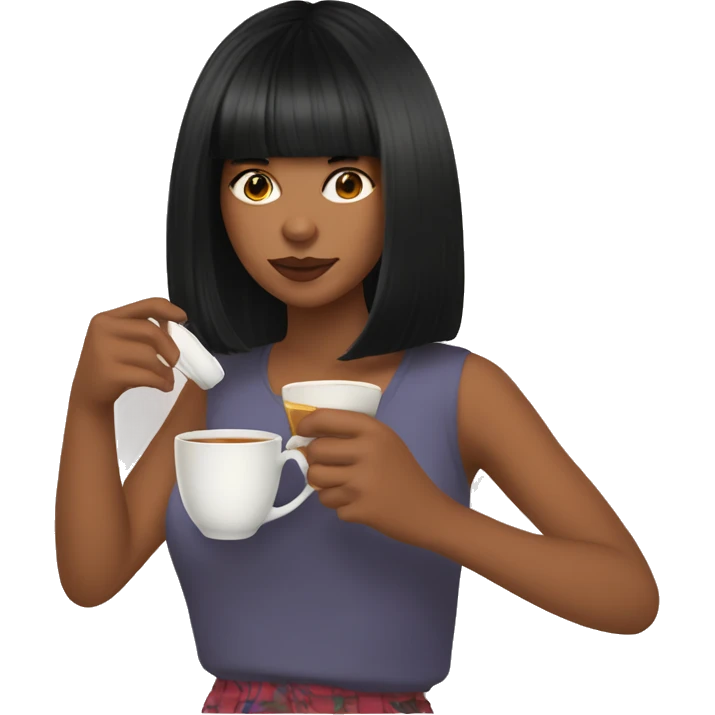 Girl with black hair and curtain bangs sipping tea emoji