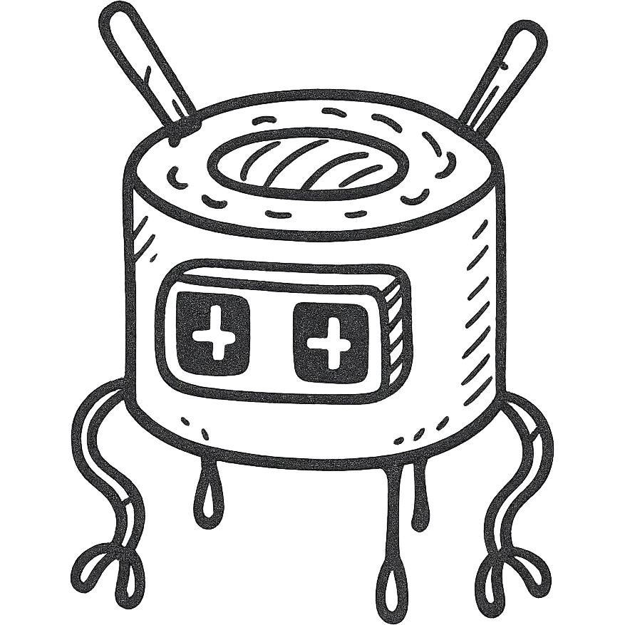 a robot shaped like a sushi roll, with LED eyes, tentacle sticks and soy sauce dripping like wires emoji