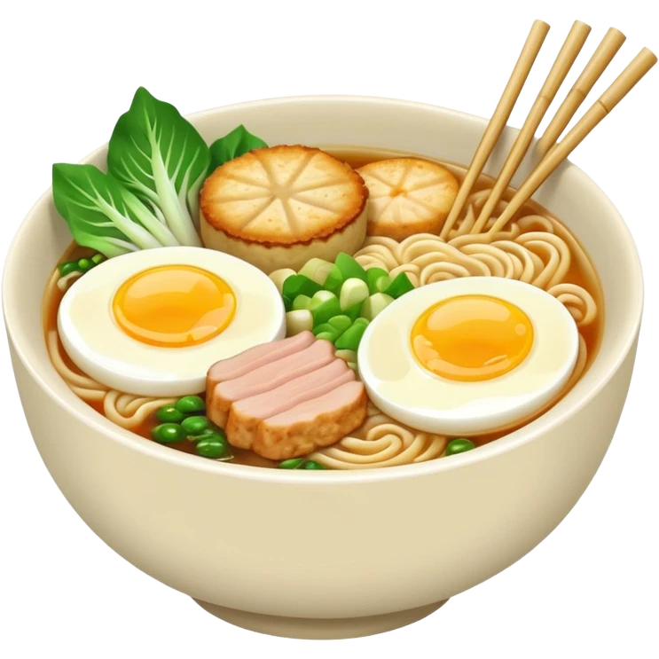 Delicious bowl of ramen noodles with miso soup broth base, bamboo, bok choy, eggs, pork, fish cakes, and green onions emoji