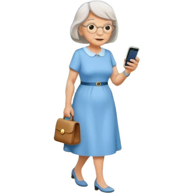 An old lady walking in a park holding a cell phone with a text bubble that says Have you checked in to the meetup? emoji
